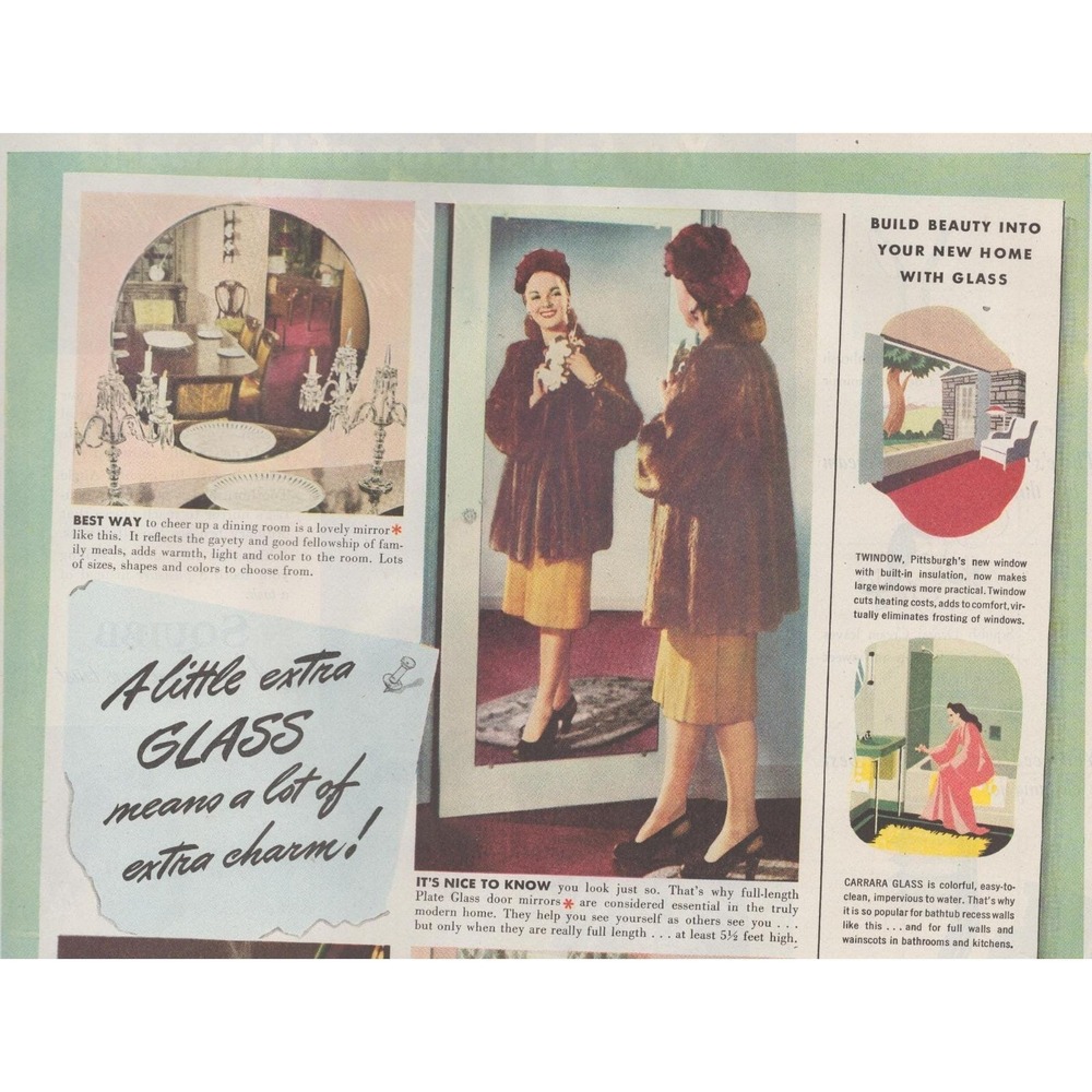 Vintage 1947 Pittsburgh Plate Glass Print Ad Mirrors Home Decor Pittsburgh PA